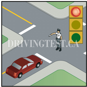 Test 7 - If you are at a red light but a police officer is telling you to drive through, what should you do?