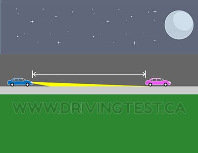 Test 3 - At what point while approaching another vehicle at night do you need to switch to low beam headlights?